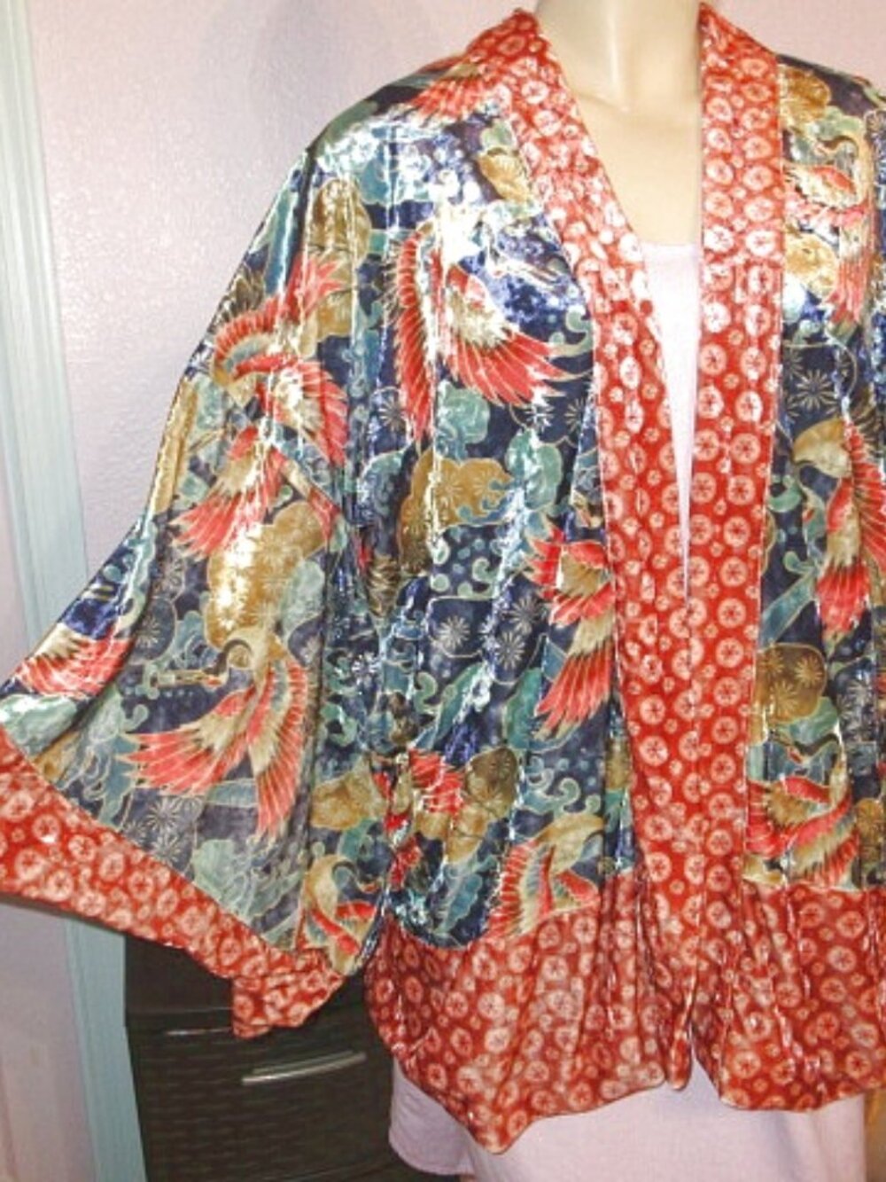 World Market Kimono One Size Velvet Asian Bird Lined Open Front Coatigan Boho